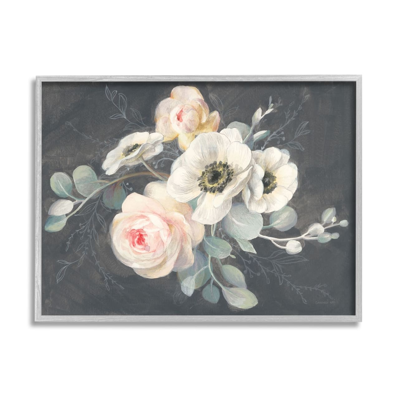Stupell Industries Rose Anemones Flowers Chalk Pink Black Design Framed Wall Art